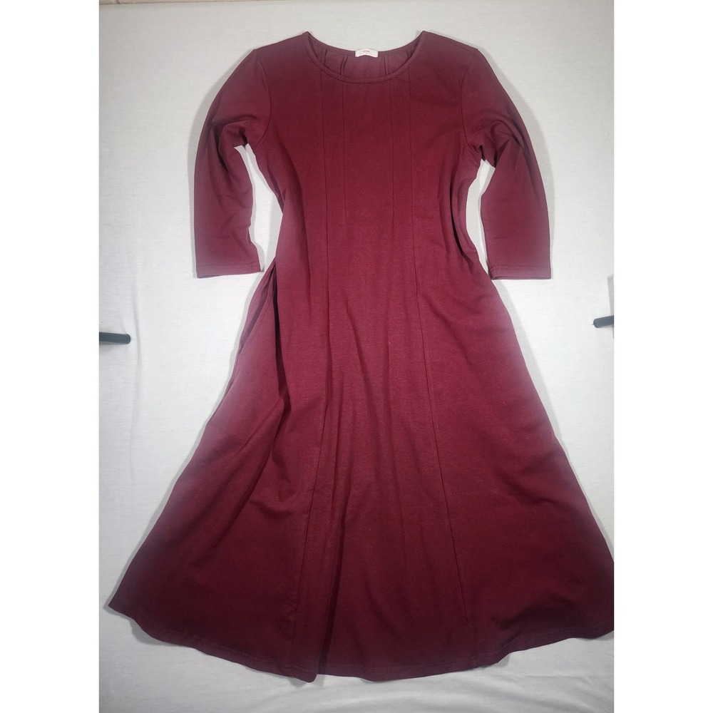 QiMei Burgundy Cotton Blend A-Line Midi Dress Pockets Size M Maroon Conservative